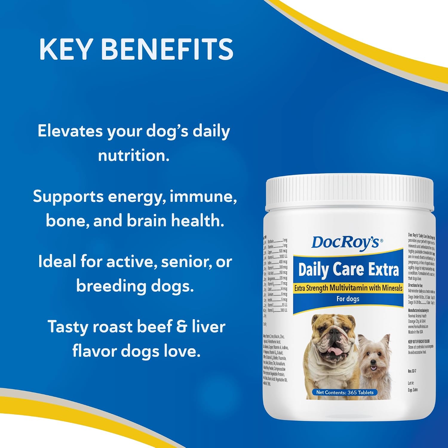 Doc Roy's Daily Care Extra Canine - Multivitamínico Completo para Perros, 365 Comprimidos