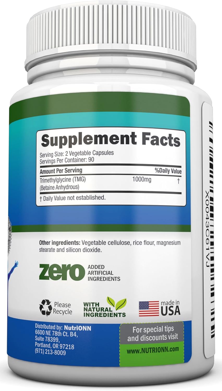 NutriONN TMG Trimetilglicina 1000mg - 180 Cápsulas - Betaína Anhidra Pura