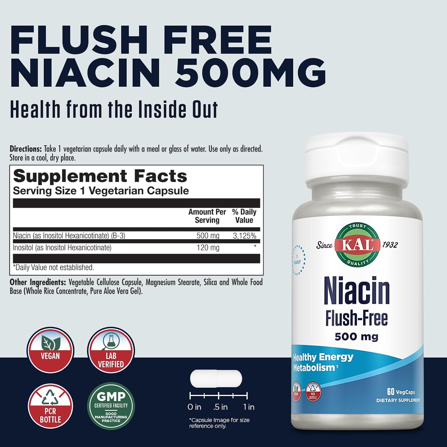 KAL Niacina 500mg Sin Enrojecimiento - Vitamina B3 Vegana - 60 Cápsulas