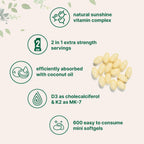 Micro Ingredients Vitamina D3 10.000 UI + K2 MK-7 200 mcg, 600 Softgels con Aceite de Coco Virgen (Pack de 2) | Complejo 2-en-1 Vitaminas D y K | Alta Potencia, Fáciles de Tragar, No-GMO, Sin Gluten