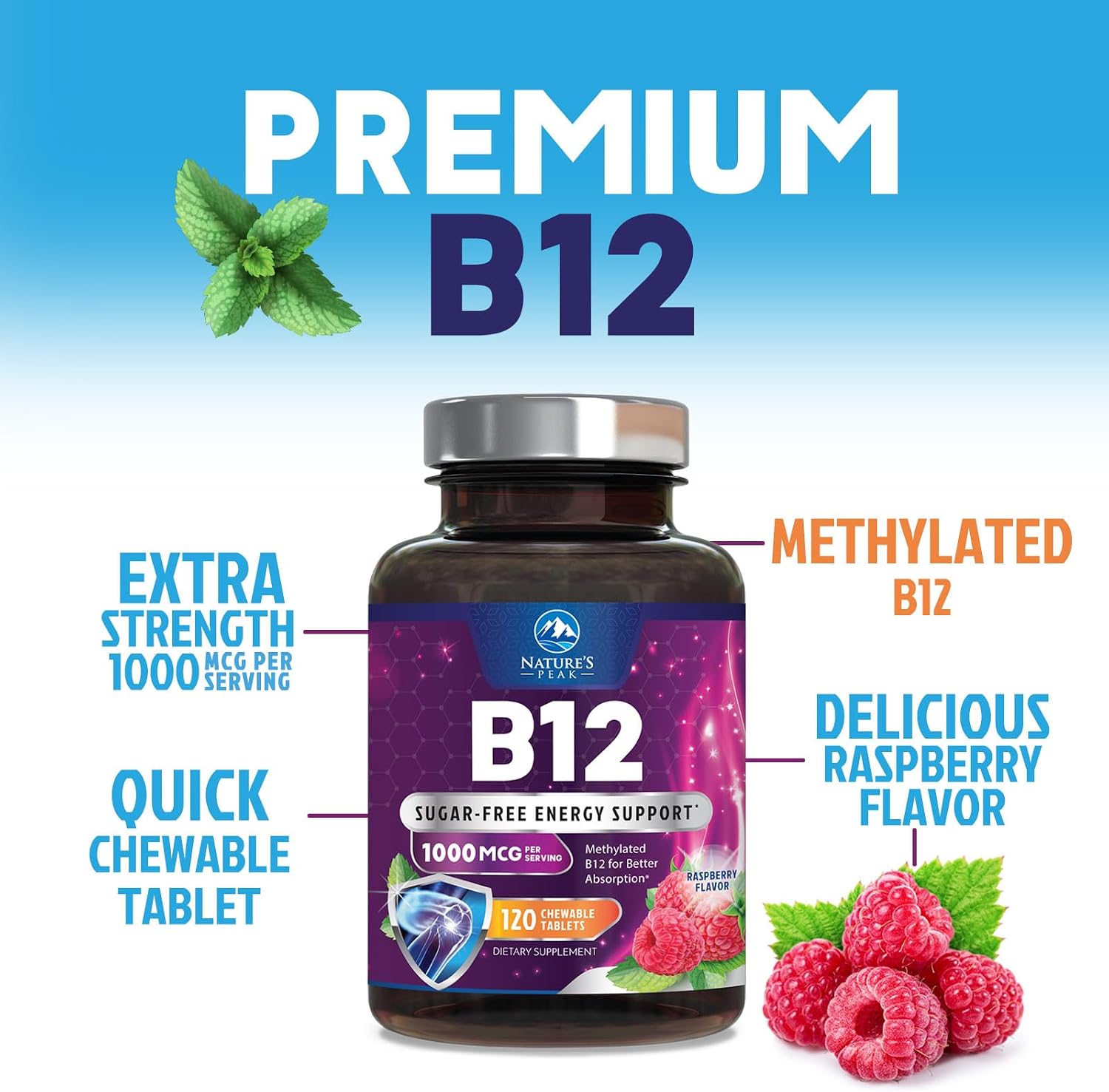 Vitamin B12 Complex (Methylcobalamin) 1000 mcg - Suplemento de Vitamina B12, Metilcobalamina, 120 Tabletas Masticables Sabor Bayas