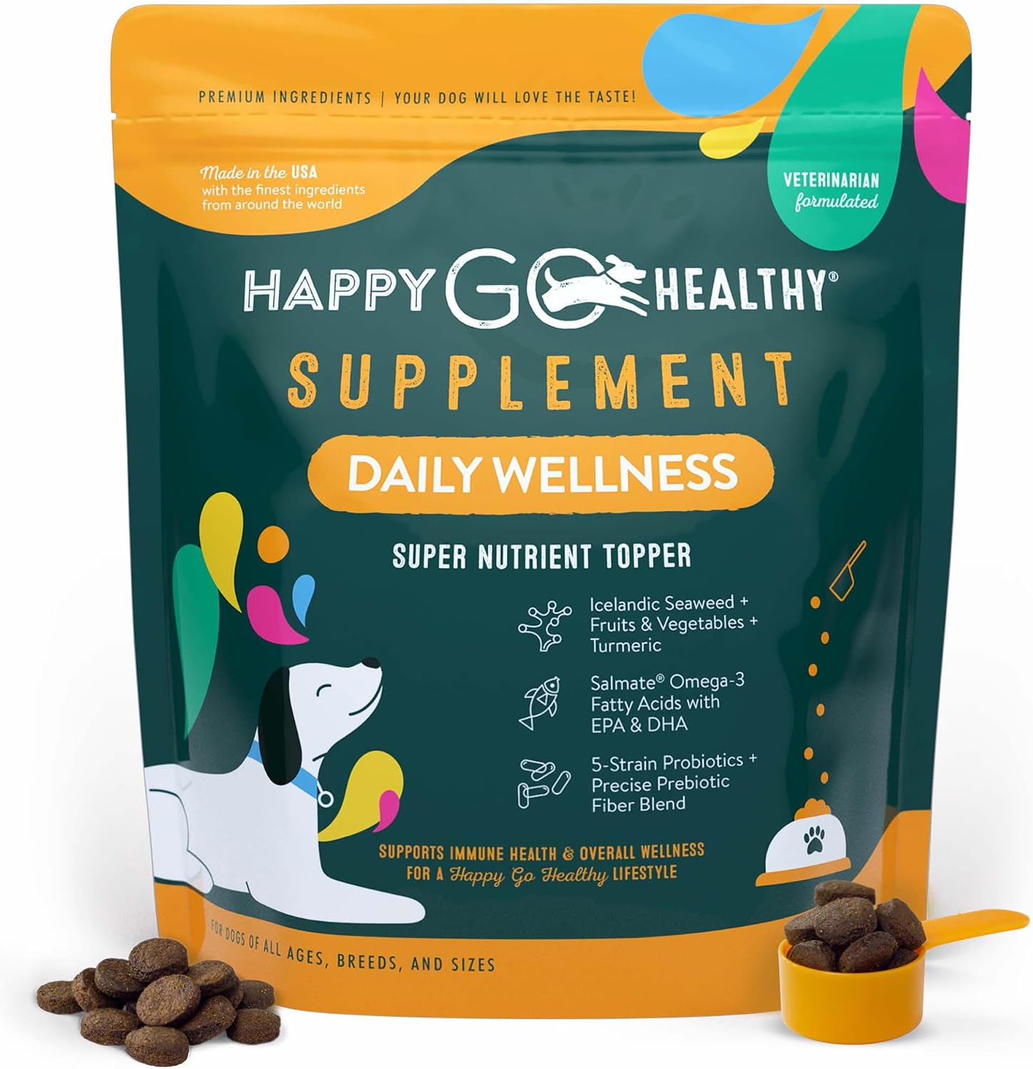 Happy Go Healthy Complemento Diario para Perros | Probióticos y Prebióticos con Aceite de Salmón y Algas | 120 unidades