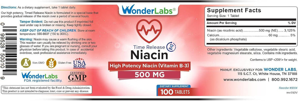 Wonder Laboratories Niacin High Potency Extended Release 500 mg, 100 Tablets