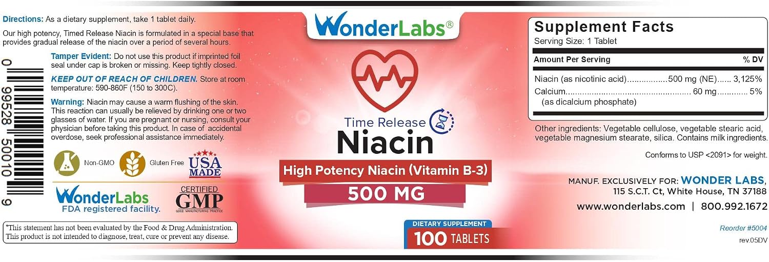Wonder Laboratories Niacin High Potency Extended Release 500 mg, 100 Tablets
