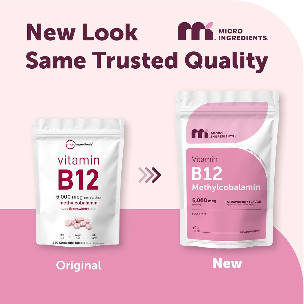 Micro Ingredients Vitamina B12 5.000 mcg | Metilcobalamina – 240 Comprimidos Masticables | Disolución Rápida, Sabor Natural a Fresa | Vegano, No GMO, Sin Gluten