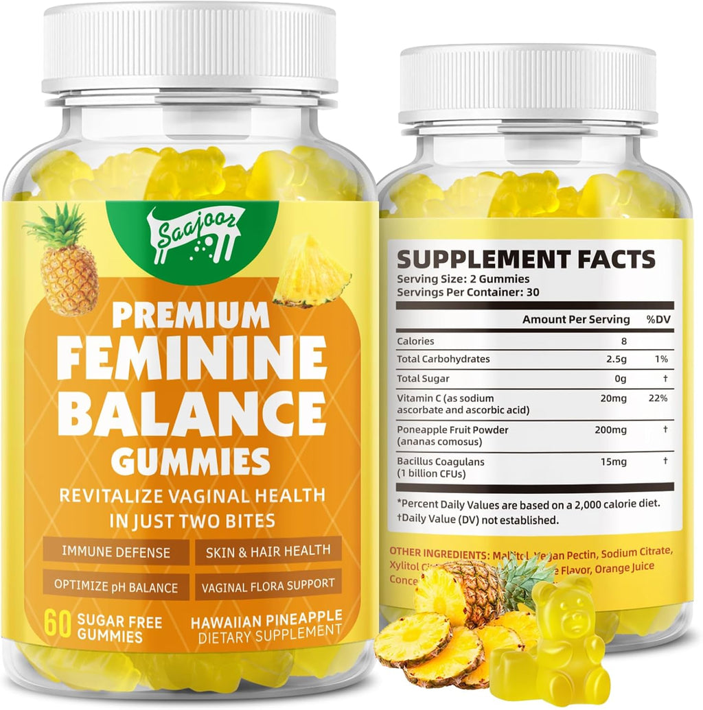 Saajoor Premium Feminine Balance Gummies - Gominolas para la Salud Femenina con Probióticos y Vitamina C, Sabor Piña Hawaiana, 60 Gominolas Veganas