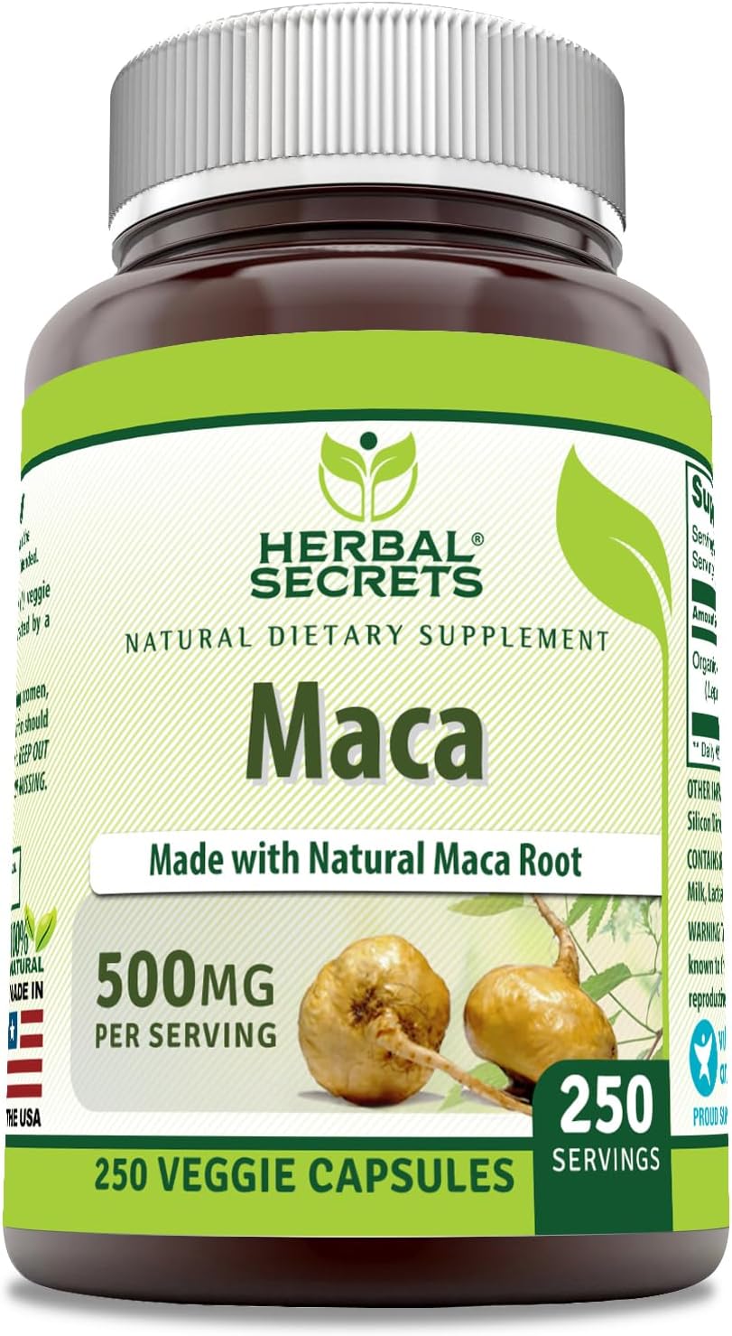 Herbal Secrets Maca 500mg 250 Cápsulas Vegetales | No-GMO | Sin Gluten | Fabricado en USA | Apto para Vegetarianos