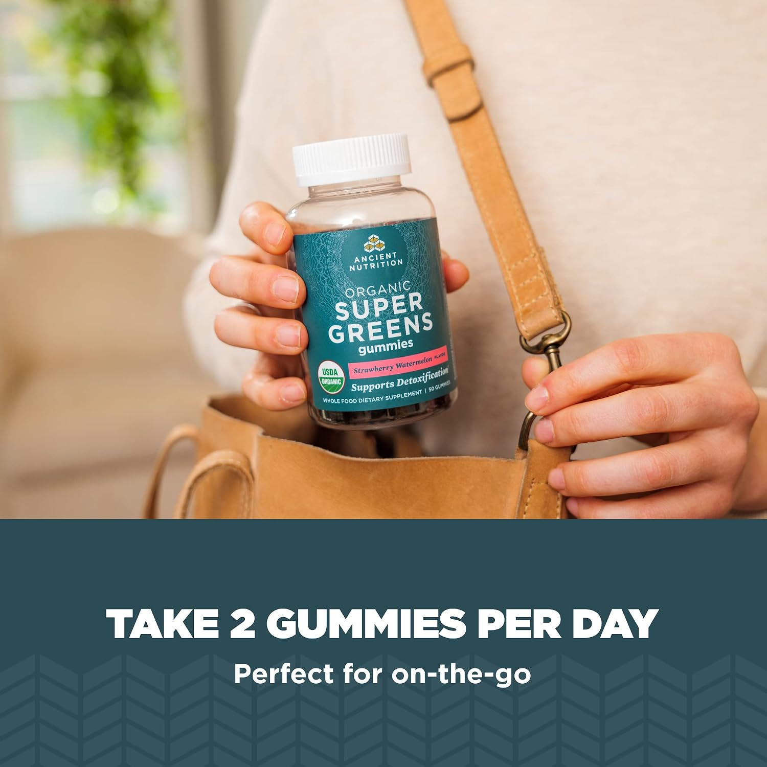 Ancient Nutrition Supergreens Gummy - Gominola Orgánica de Superalimentos con Frutas, Verduras y Hierbas Reales, 100 unidades, Sabor Fresa Sandía