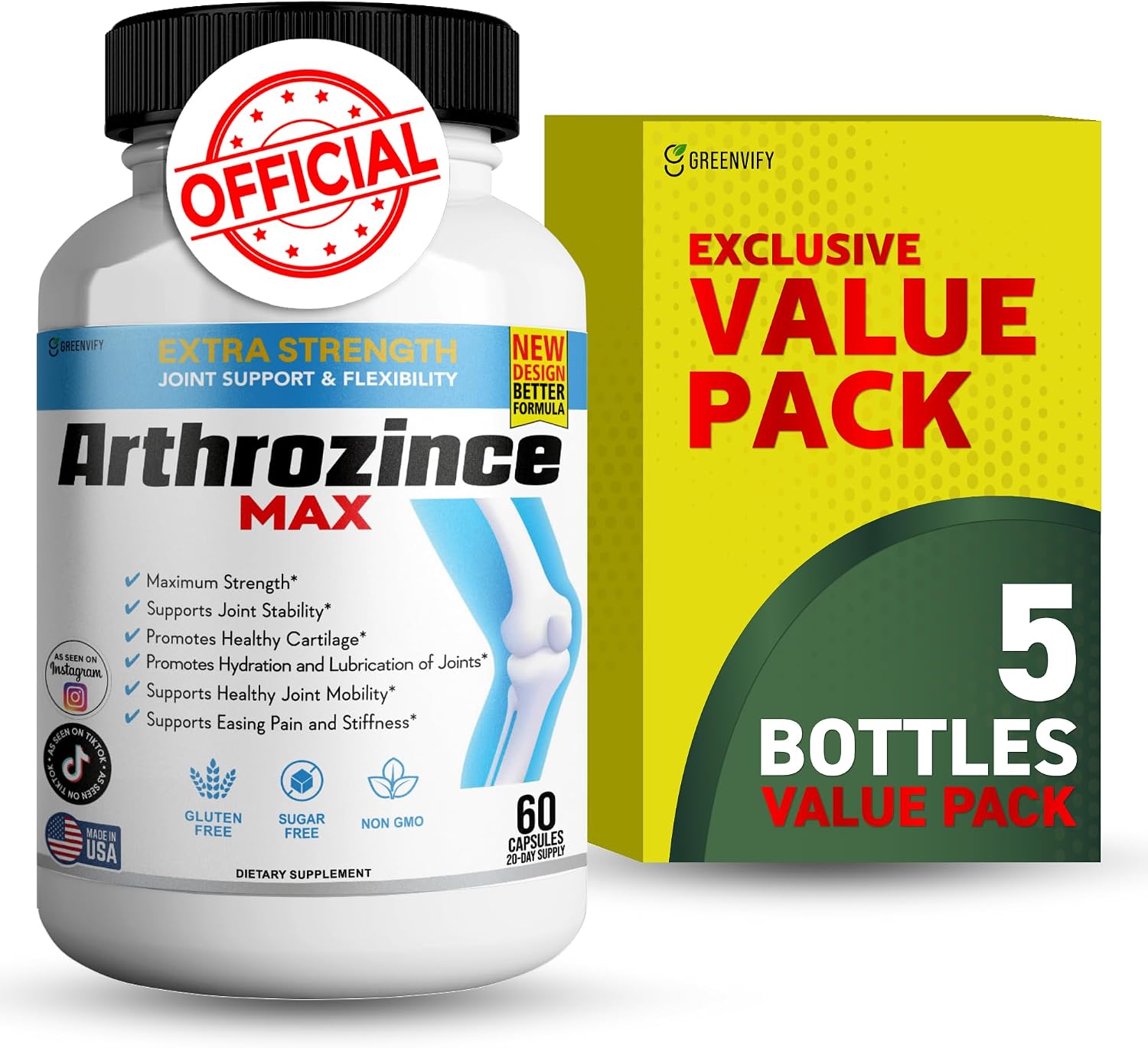 Arthrozince Max Extra Strength Joint Support – Glucosamina, Condroitina, MSM, Boswellia, Cúrcuma – 60 Cápsulas