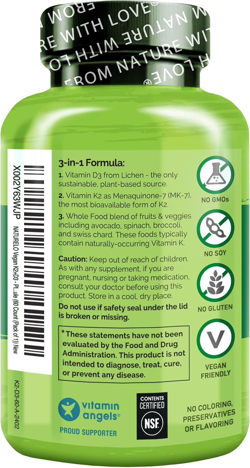 NATURELO Vitamina D3 + K2 Vegano, 60 Cápsulas