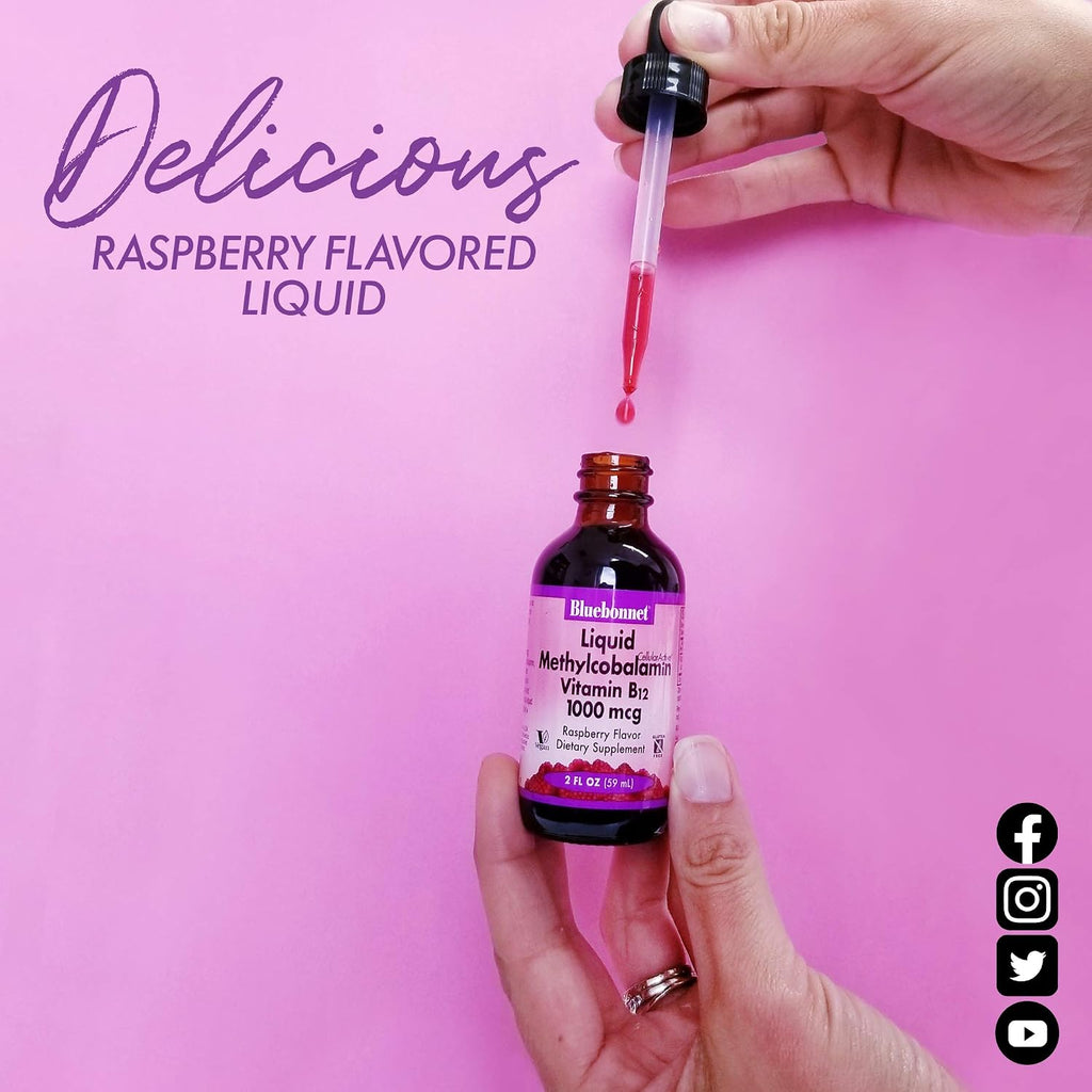 Bluebonnet Methylcobalamin Vitamin B12 5000 mcg Liquid Drops - Raspberry Flavor - 2 fl oz (59 ml)
