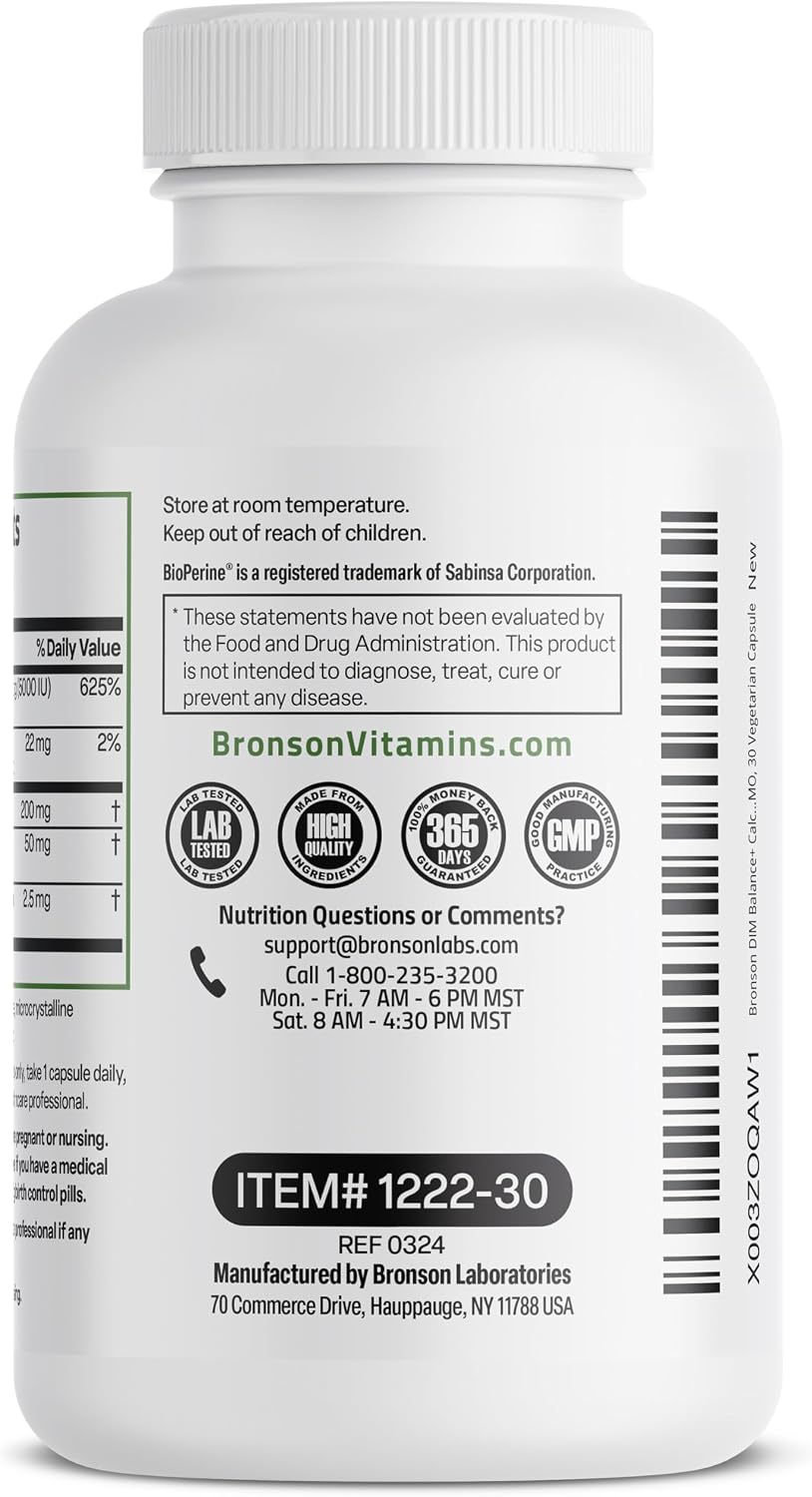 Bronson DIM Balance+ - Suplemento con DIM, Calcio D-Glucarato, Brotes de Brócoli y Vitamina D3 - 30 Cápsulas Vegetarianas