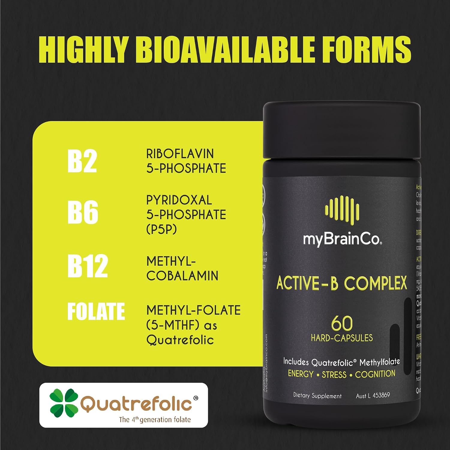 myBrainCo. Active-B Complex – Complejo B Activado de Alta Potencia con B2, B6, B12 y Metilfolato – Apoya Energía, Función Cerebral y Sistema Nervioso – 60 Cápsulas Vegetales