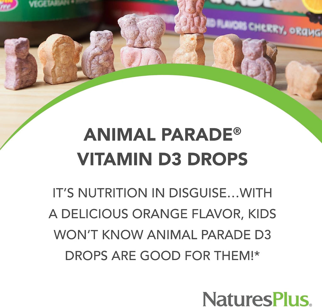 NaturesPlus Animal Parade Gotas Líquidas de Vitamina D3 para Niños - 400 UI, 10 ml - Sabor Naranja - Apoyo Óseo e Inmunológico - Sin Gluten, Vegetariano - 365 porciones