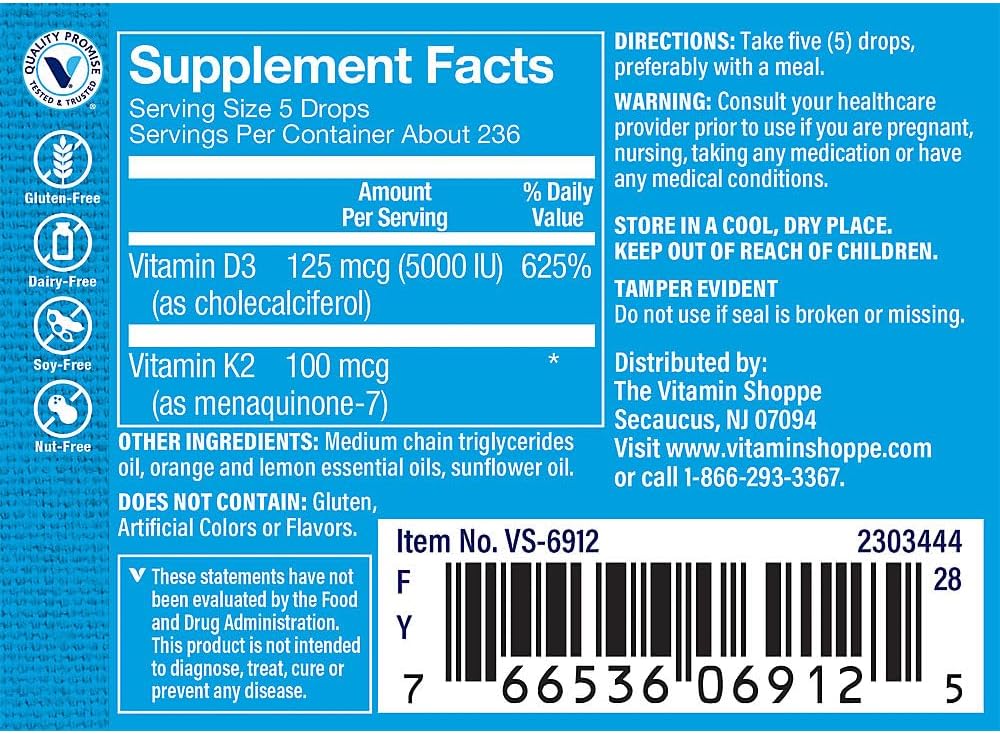 The Vitamin Shoppe Vitamina D3 K2 Líquido - Salud Ósea y Soporte de Calcio | D3 + K2 MK-7 Gotas | 30 ml | Sabor Cítrico
