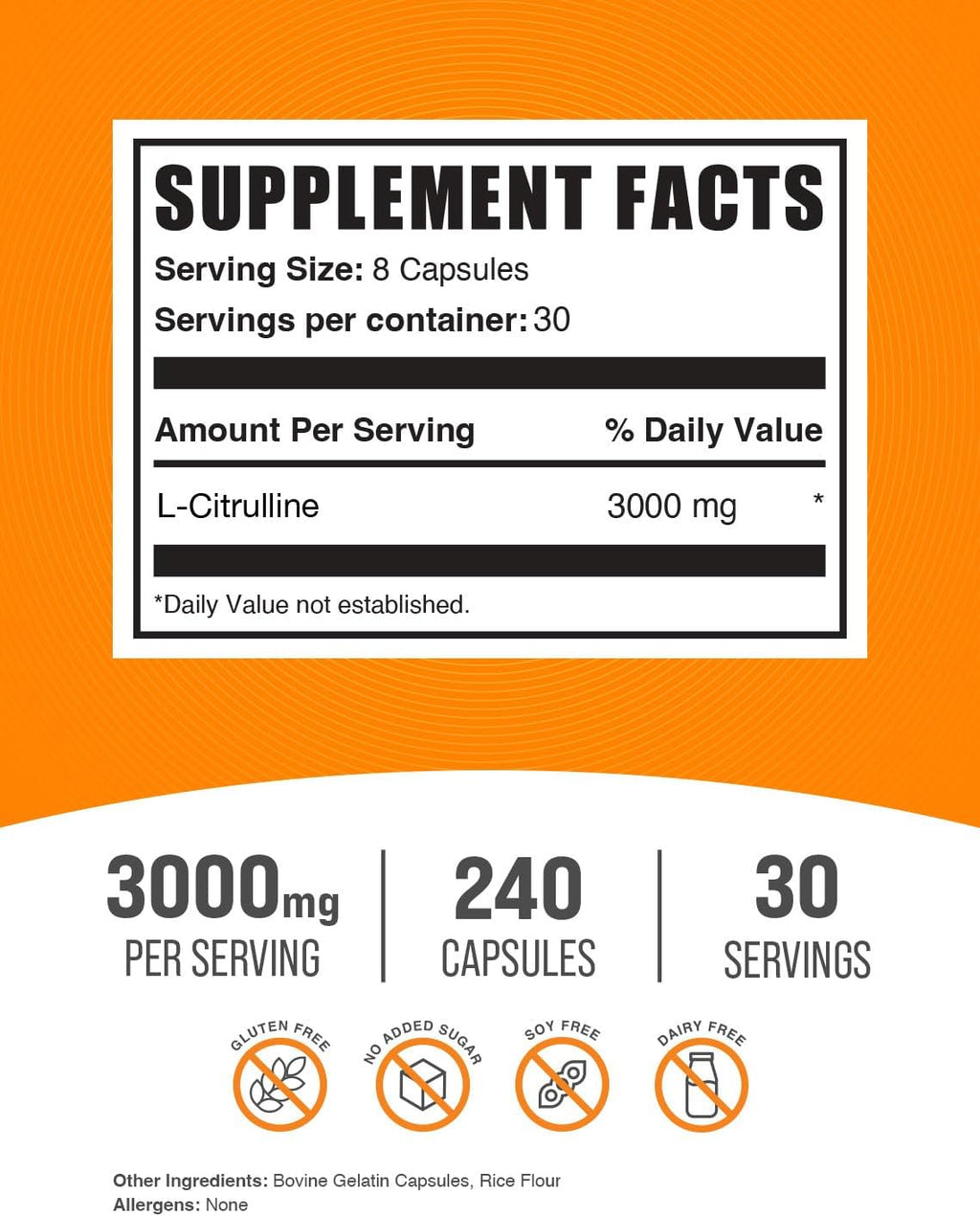 Cápsulas de L-Citrulina - 3000 mg por Dosis, 240 Cápsulas