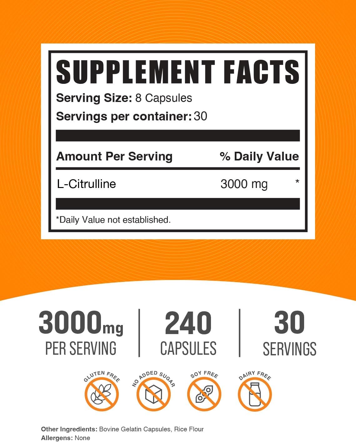 Cápsulas de L-Citrulina - 3000 mg por Dosis, 240 Cápsulas