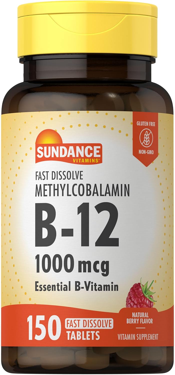 Sundance Vitamina B12 1000 mcg - Comprimidos de disolución rápida - Metilcobalamina - Suplemento vegano, sin gluten y no transgénico