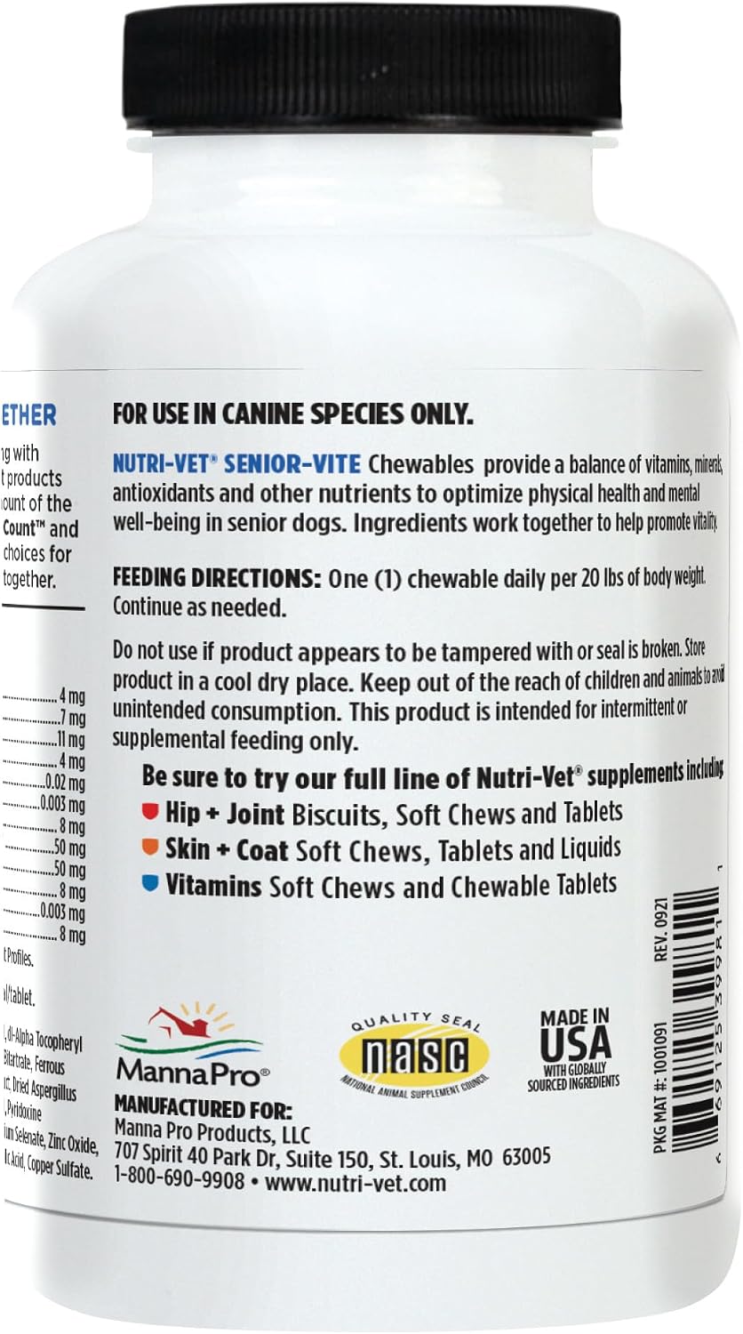 Nutri-Vet Senior-Vite Multivitamínico Masticable para Perros Mayores, 120 comprimidos