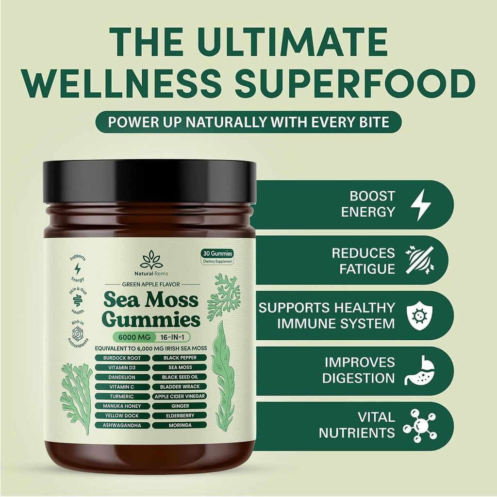 Natural Rems Sea Moss Gummies 16-in-1 - Ashwagandha Black Seed Oil Bladder Wrack Turmeric Vitamin C & D3 with Manuka Burdock Root Dandelion Yellow Dock Elderberry Apple Cider Vinegar (Green Apple)