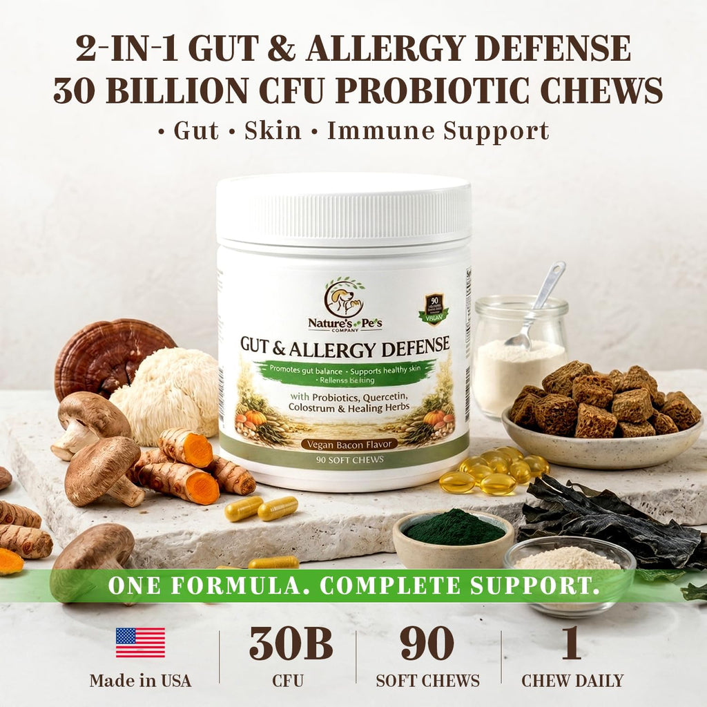 30 Billion CFU PROBIOTICS- One a Day Gut & Allergy Defense for Dogs with PREBIOTICS, QUERCETIN, Colostrum, Turmeric, Mushrooms - Itchy Skin, Allergy & Digestive Support - 90 Chews - Made in USA