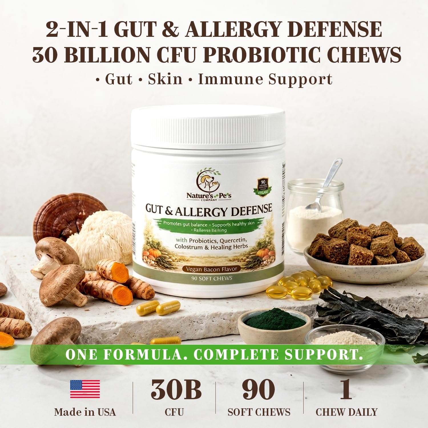 30 Billion CFU PROBIOTICS- One a Day Gut & Allergy Defense for Dogs with PREBIOTICS, QUERCETIN, Colostrum, Turmeric, Mushrooms - Itchy Skin, Allergy & Digestive Support - 90 Chews - Made in USA