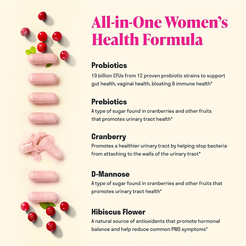 Nuven Naturals 3-en-1 Probiótico para Mujeres - 60 Dosis - 12 Cepas, Prebióticos, D-Manosa y Arándano