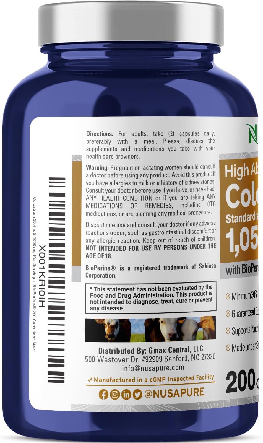 NusaPure Colostro 1050mg con 30% IgG y Bioperina - 200 Cápsulas
