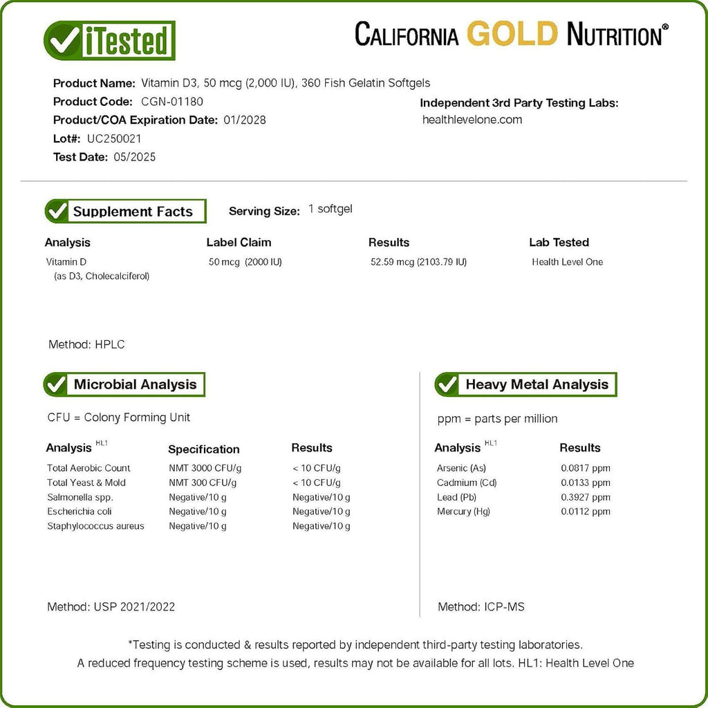California Gold Nutrition Vitamina D3, 50 mcg (2000 UI), 360 Softgels de Gelatina de Pescado