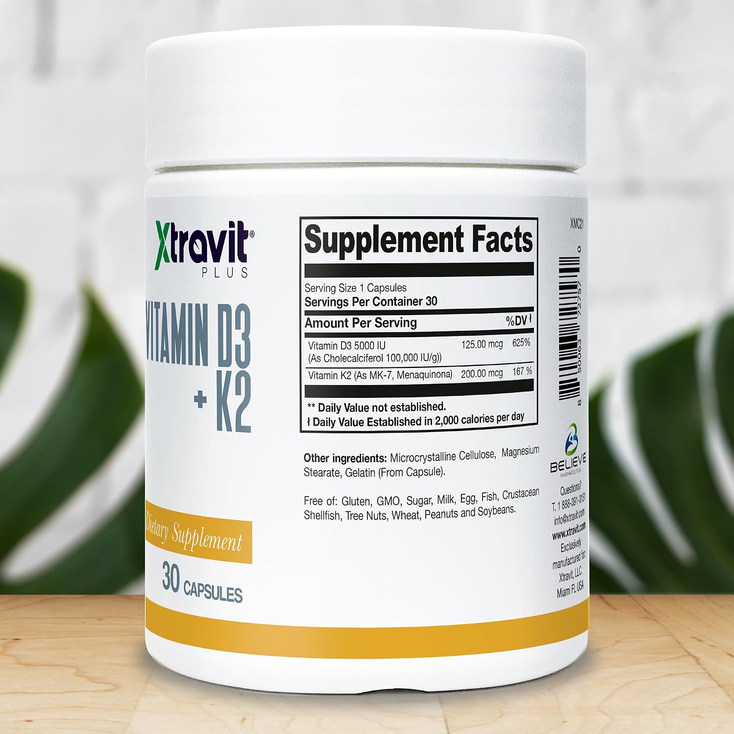 Xtravit Vitamina D3 + K2 – 5000 UI de D3 y 200 mcg de K2 – 30 Cápsulas
