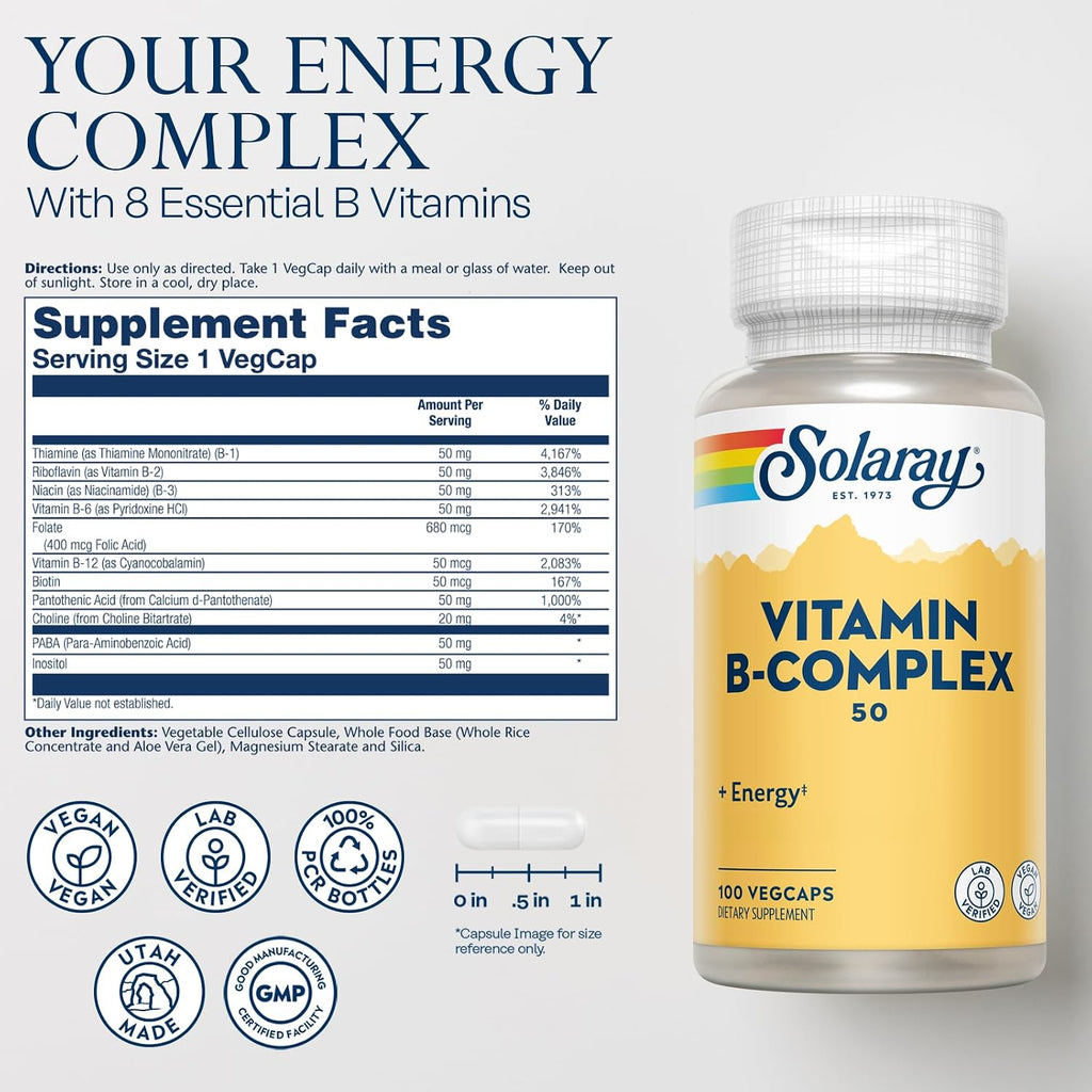 Solaray Complejo B 50 mg - Vitaminas B para Energía Celular y Metabolismo - 100 Cápsulas Veganas
