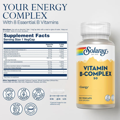 Solaray Complejo B 50 mg - Vitaminas B para Energía Celular y Metabolismo - 100 Cápsulas Veganas – Image 2
