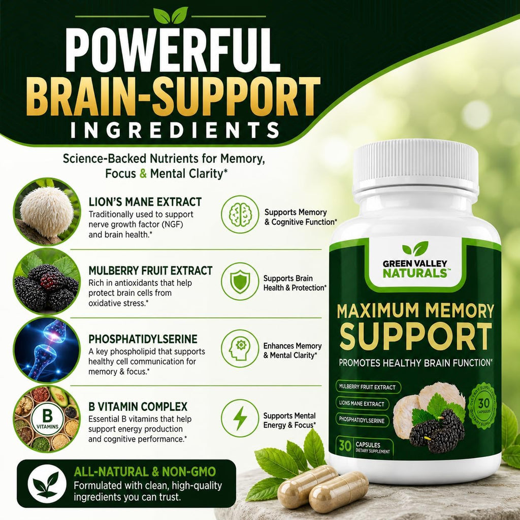 Green Valley Naturals Maximum Memory Support - Suplemento Cognitivo con Lion's Mane, Mulberry, Phosphatidylserine y Vitaminas B Metiladas - 30 Cápsulas