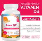 Zahler Junior D3 Vitamins 1000 IU - Vitamina D3 masticable para niños, sabor naranja, 250 comprimidos