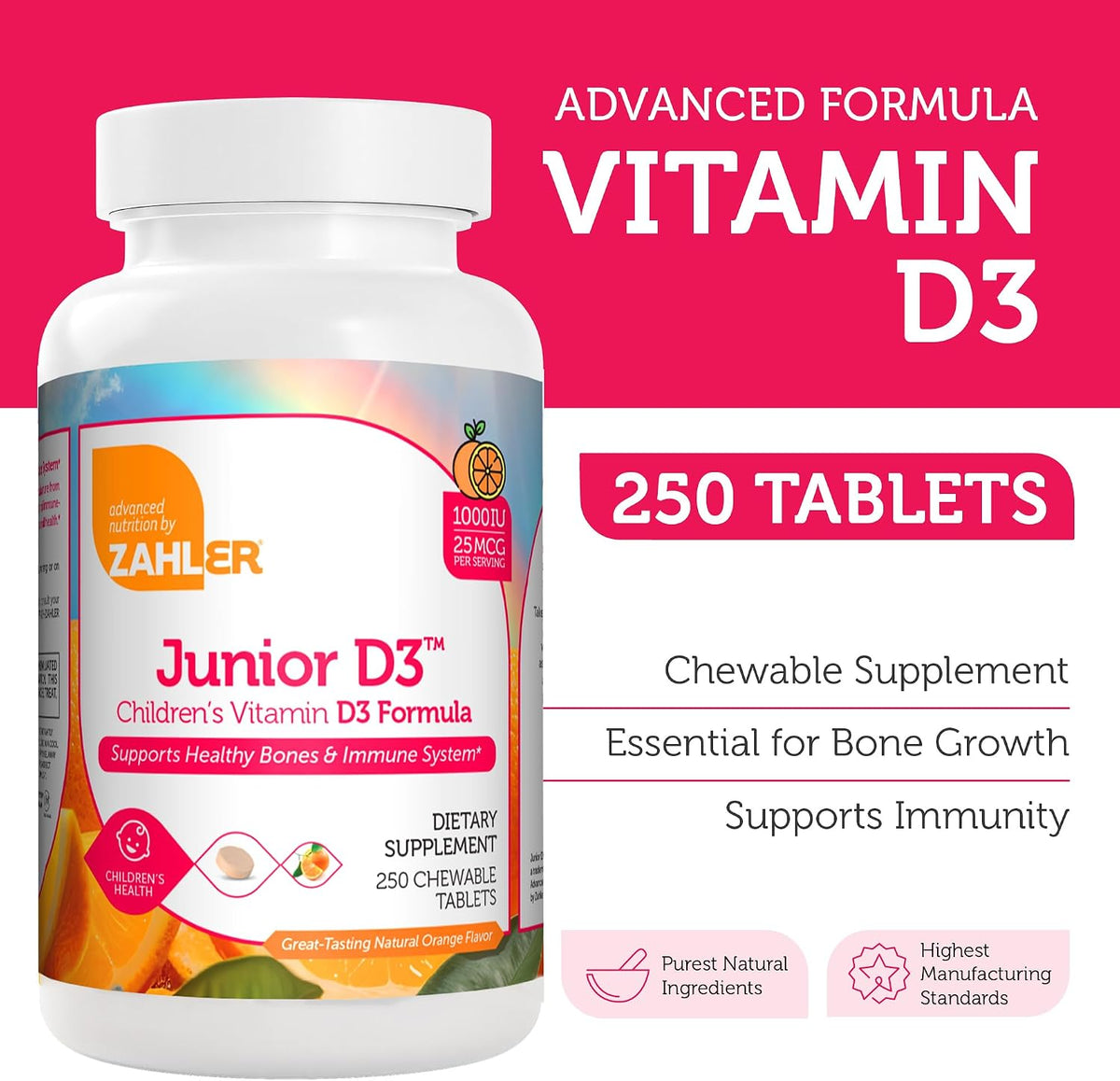 Zahler Junior D3 Vitamins 1000 IU - Vitamina – El mantenimiento de los dientes en condiciones normales. – Image 3
