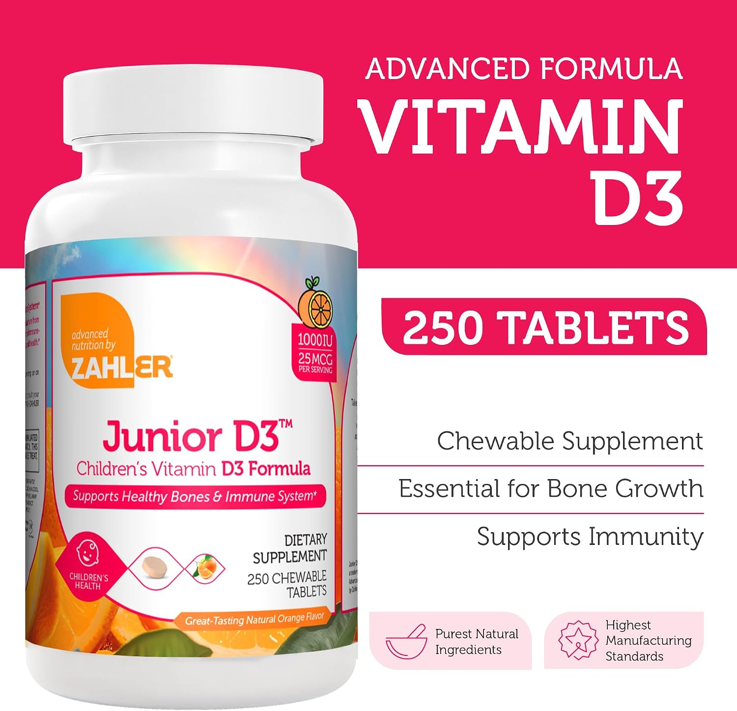 Zahler Junior D3 Vitamins 1000 IU - Vitamina D3 masticable para niños, sabor naranja, 250 comprimidos