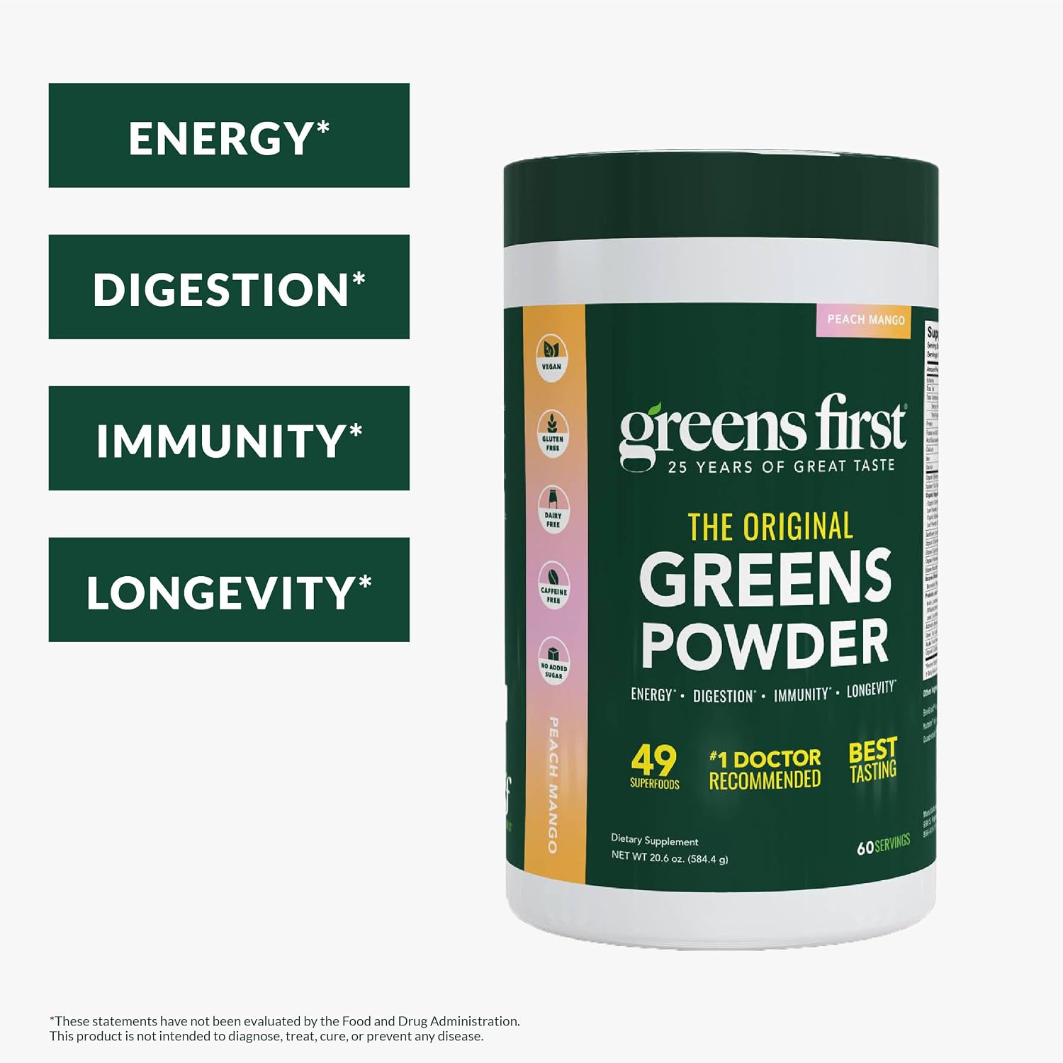 Greens First Original Greens Powder - 49 Superalimentos - Frutas y Verduras Orgánicas - Prebióticos, Probióticos y Enzimas Digestivas - Batido Antioxidante - Sin Lácteos/Vegano/No OGM (Melocotón Mango, 60 Raciones)
