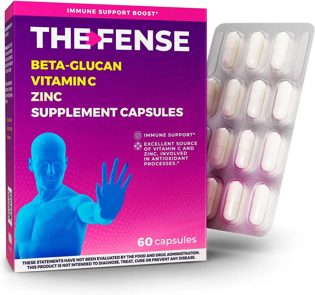 THE-FENSE Beta Glucano, Vitamina C y Zinc Cápsulas - Apoyo Inmunológico para Mujeres y Hombres - Sin Gluten ni Lactosa, No-GMO - 60 Cápsulas