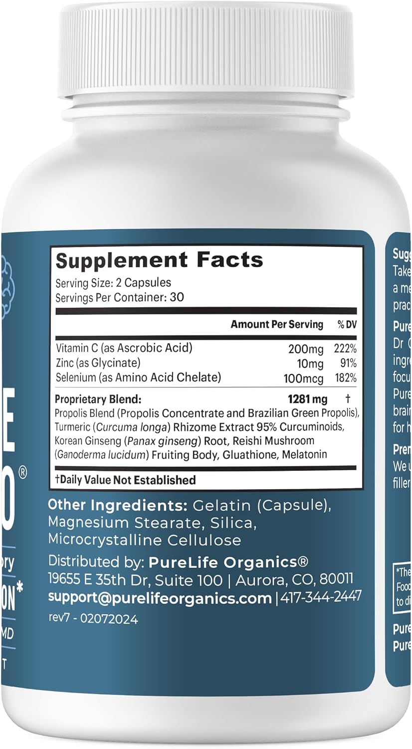 PureLife Organics Pure Neuro – Complemento para Eliminar la Niebla Mental, Apoyo a la Memoria y Enfoque – 60 Cápsulas Veganas y Sin Gluten – Fórmula del Doctor
