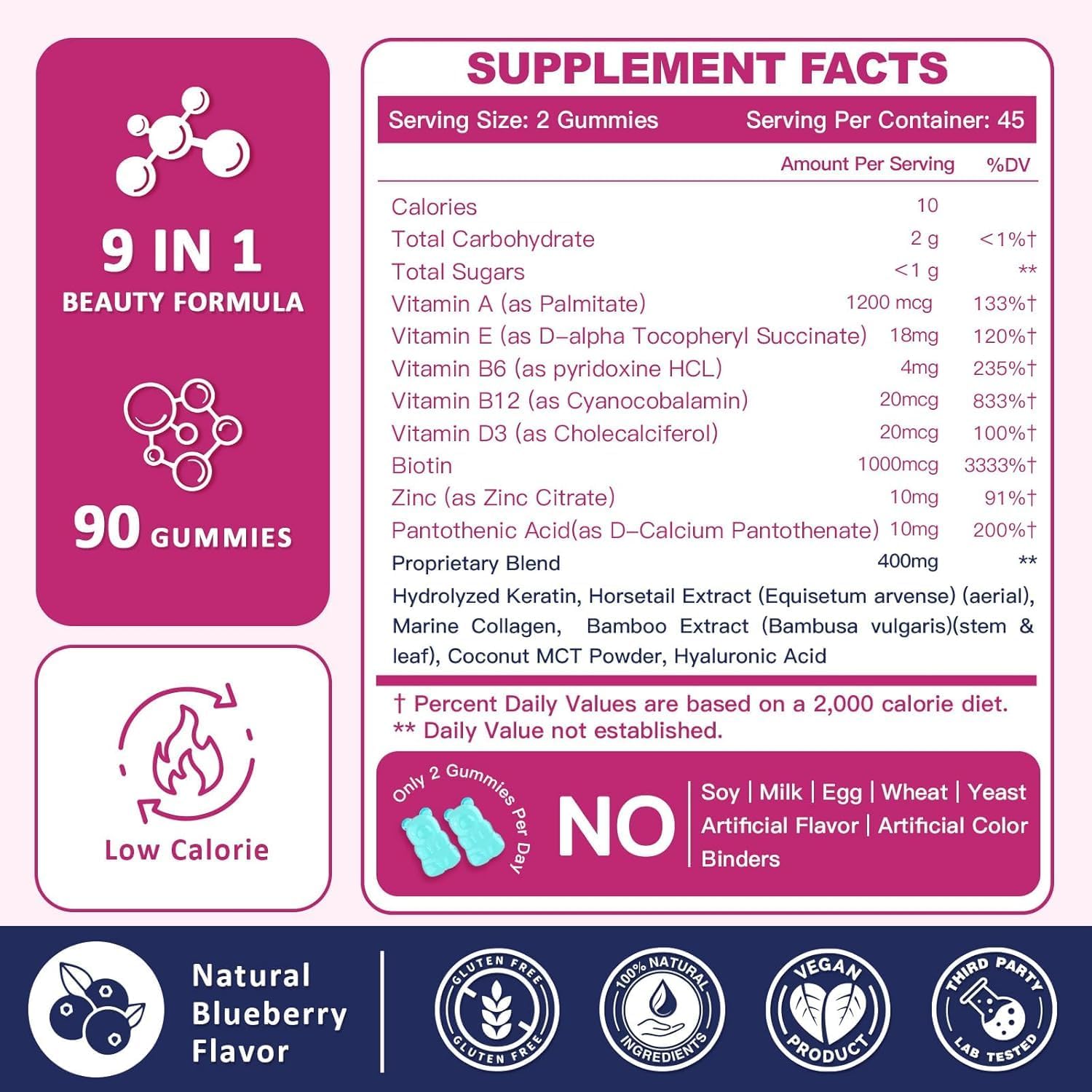 ZEBORA Biotin Gummies con Ácido Hialurónico, Queratina y Colágeno – Vitaminas para Cabello, Piel y Uñas – 90 Gominolas