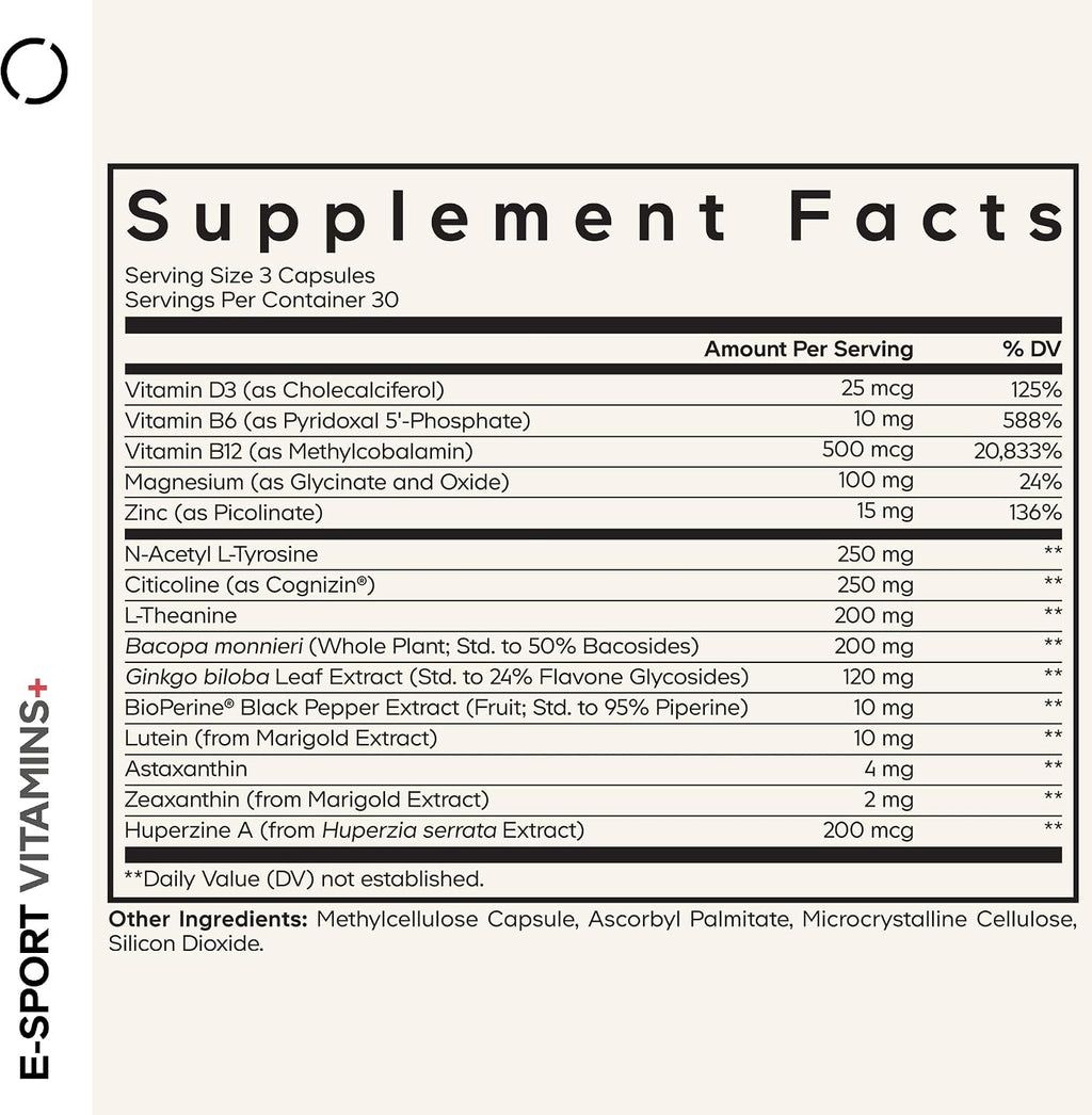 Codeage E-Sport Vitamins+ - Suplemento Nootrópico con Cognizin, Bacopa, L-Theanine, Ginkgo, Astaxantina y Multivitaminas - 90 Cápsulas