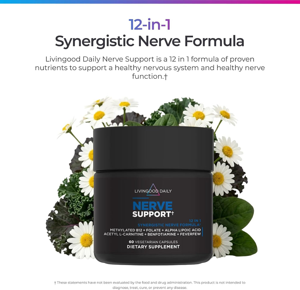 Livingood Daily Nerve Support Supplement - Complemento para el Sistema Nervioso 12-en-1 con B12 Metilada, Folato, Benfotiamina, Ácido Alfa Lipoico y Matricaria - Sin Gluten, No GMO - 60 Cápsulas