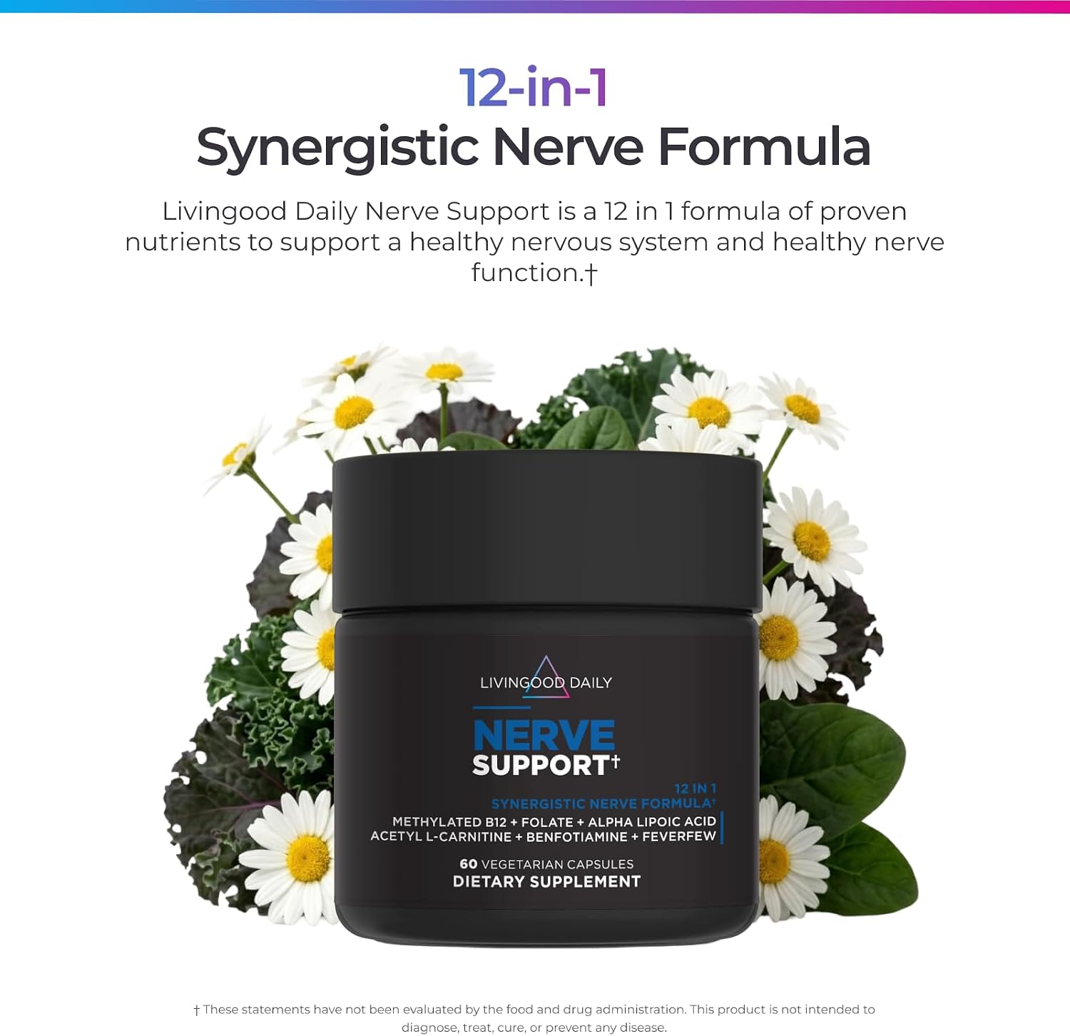 Livingood Daily Nerve Support Supplement - Complemento para el Sistema Nervioso 12-en-1 con B12 Metilada, Folato, Benfotiamina, Ácido Alfa Lipoico y Matricaria - Sin Gluten, No GMO - 60 Cápsulas