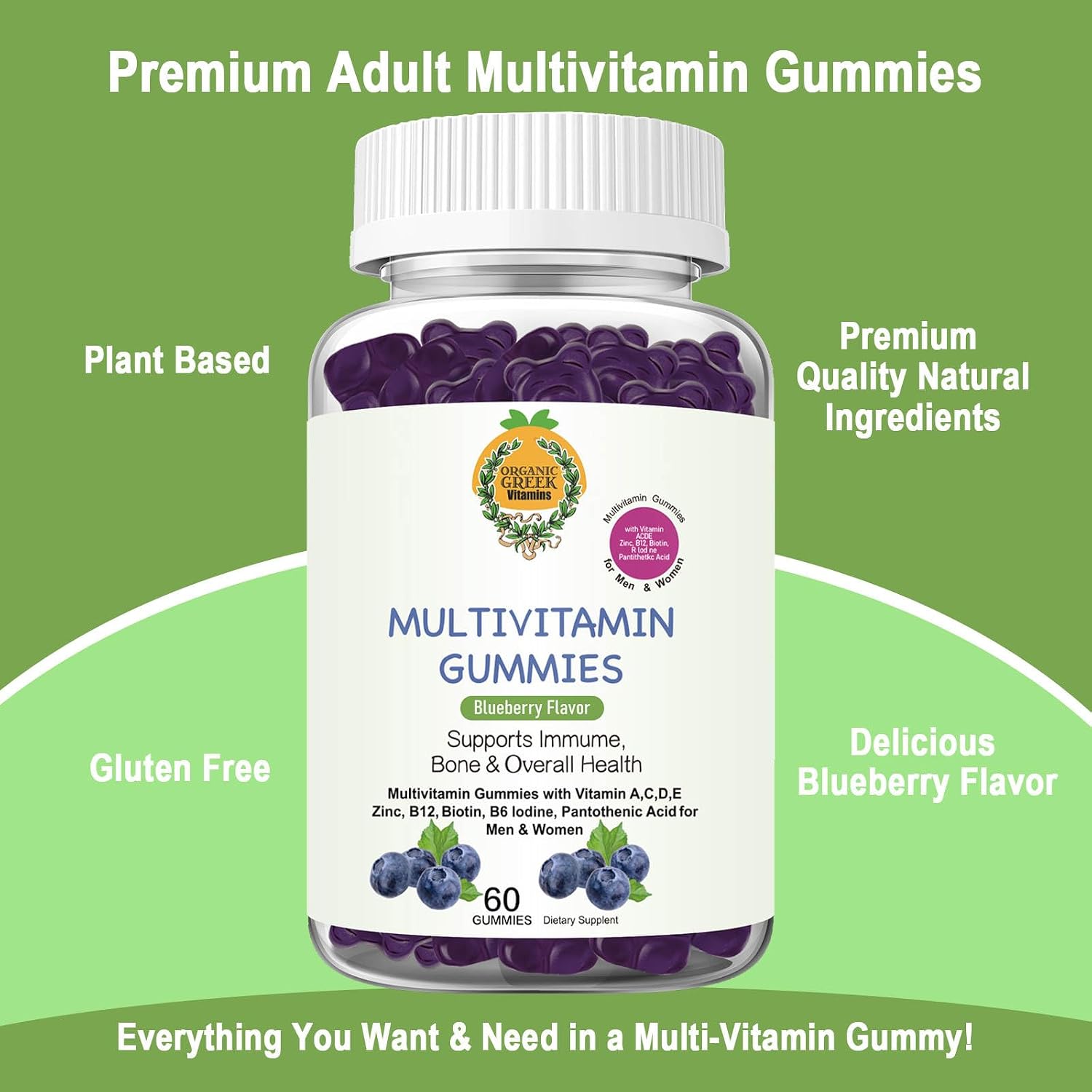Organic Greek Multivitamin Gummies - 13 Vitaminas y Minerales - Sabor Arándano