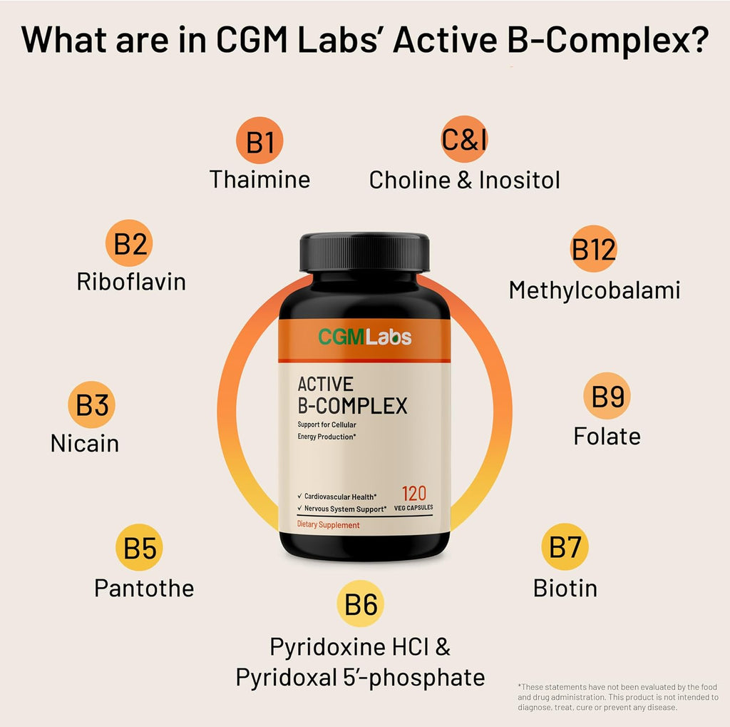 Vitamin B Complex – Complejo B Activo con B1, B2, B3, B6, B12, Folato, Biotina, Ácido Pantoténico e Inositol – 60 Cápsulas