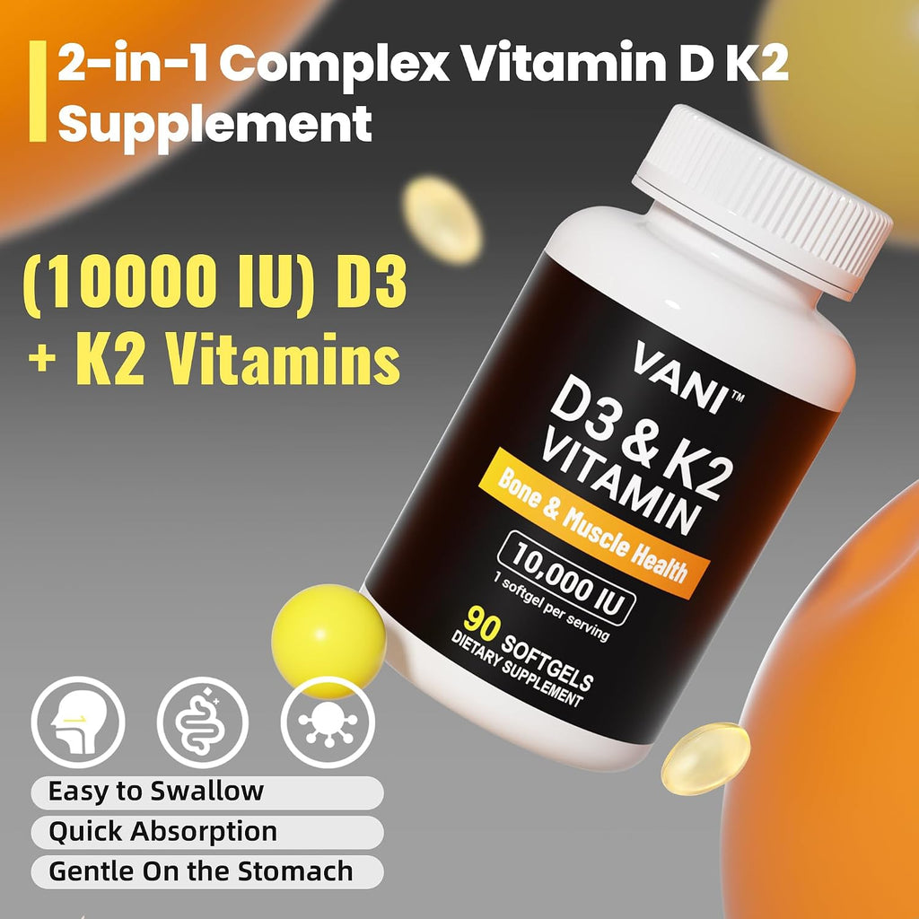 VANI Vitamins D3 + K2 (MK-7) 10000 UI 200 mcg, 90 Cápsulas Blandas