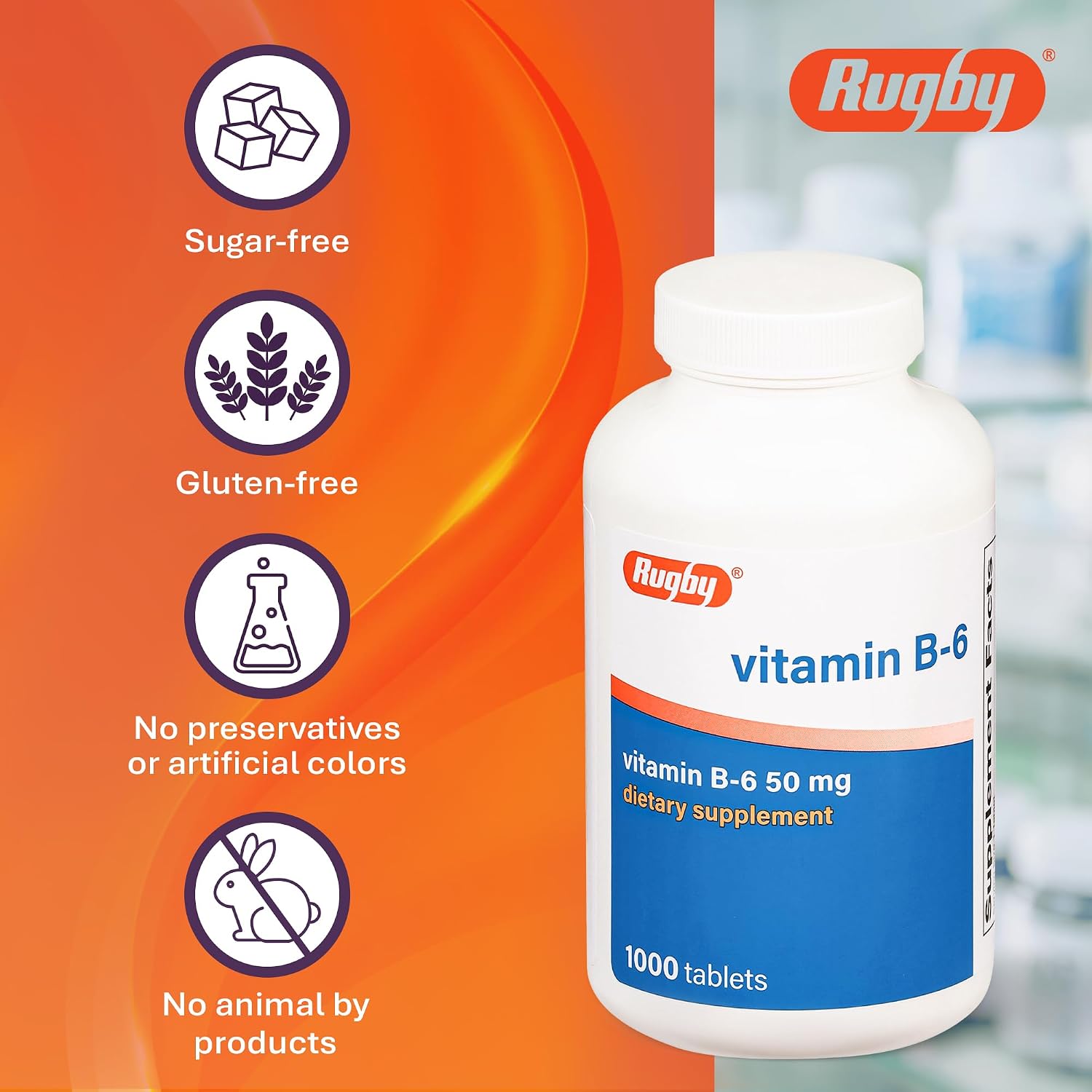 Rugby Vitamina B6 50 mg, 1000 Tabletas - Sin Gluten, Sin Conservantes