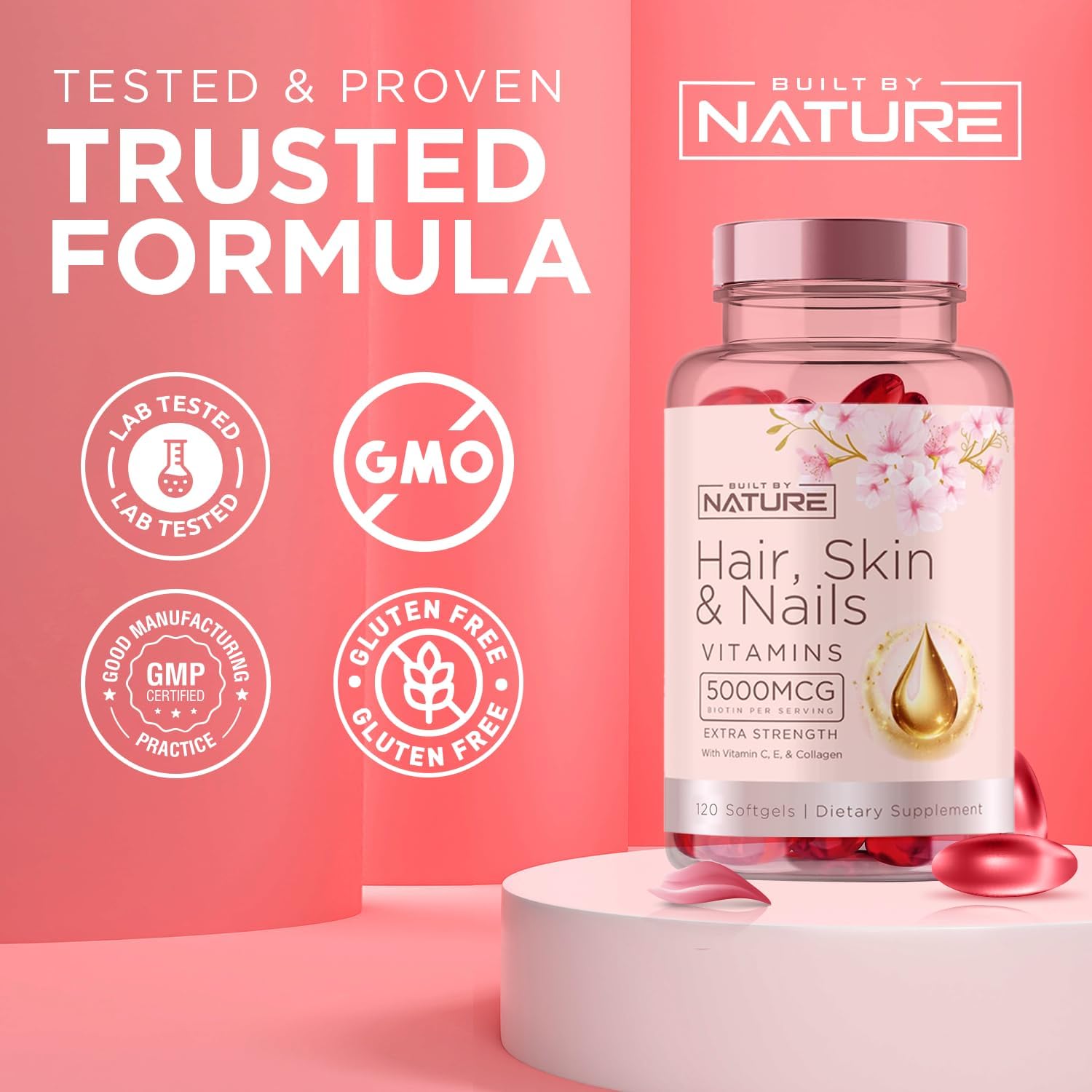 Built by Nature Vitaminas para Cabello, Piel y Uñas, 120 Cápsulas Blandas