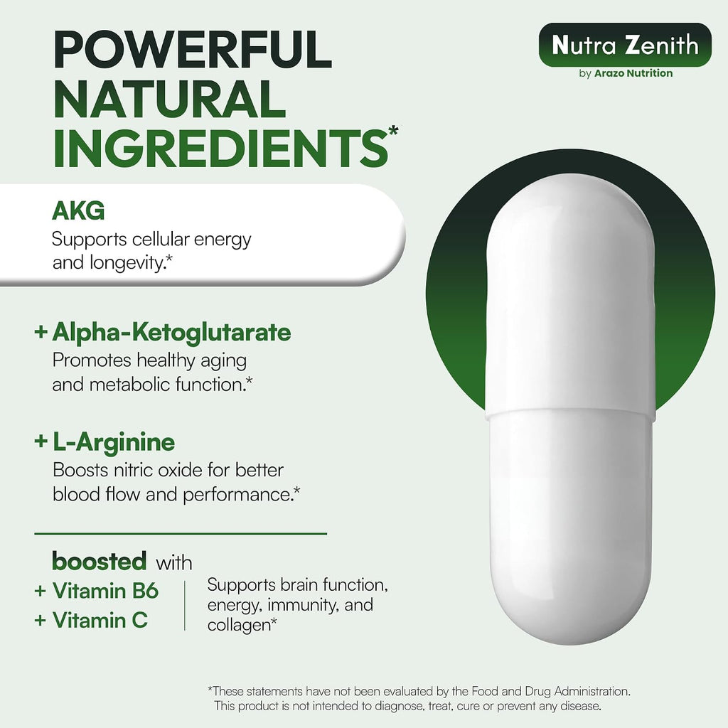 Arazo Nutrition AKG Suplemento Antiedad y Energía con Vitamina B6, Vitamina C y L-Arginina - 60 Cápsulas