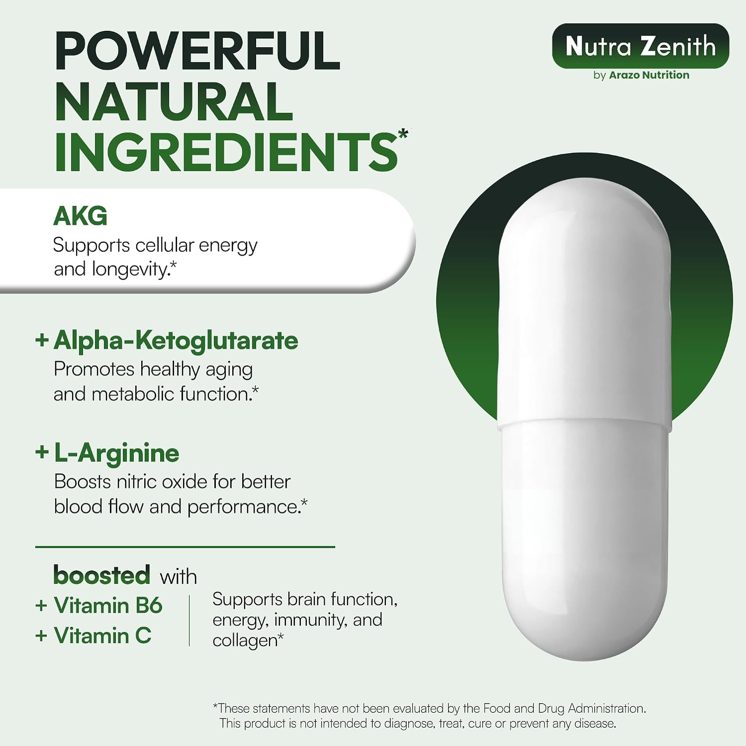 Arazo Nutrition AKG Suplemento Antiedad y Energía con Vitamina B6, Vitamina C y L-Arginina - 60 Cápsulas